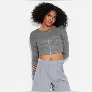 Wild Fable Womens Gray Ribbed Zip Up Cropped Cardigan Sweater Size S